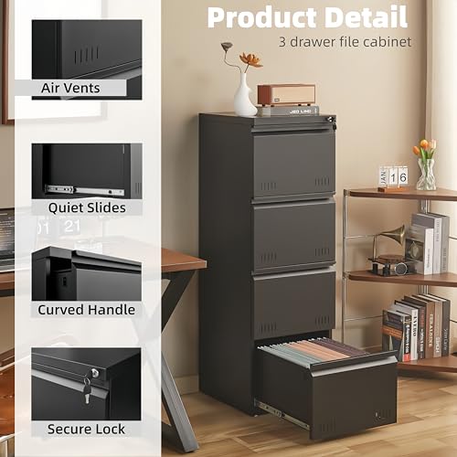 Image of Guizeeopo Metal File Cabinet with Lock, Vertical 4 Drawer File Cabinets for Home Office, Heavy Duty Office Storage Cabinet for A4 /Letter /Legal Size, Assembly Required(Black)