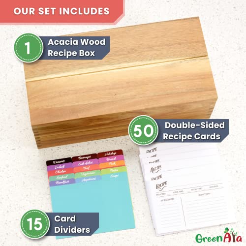 Beautiful Handcrafted Recipe Box Of Genuine Acacia Wood - Larger Size Holds 500 4X6 Cards In 2 Rows. Includes 50 Cards, 15 Dividers, Grooved Lid Display. Protected With Mineral Varnish. Ideal Gift #TOP1