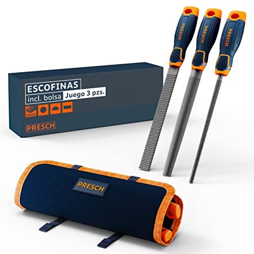 Presch Escofinas Madera 3pcs con bolsa - Juego de escofinas para madera de alta calidad que incluye escofina plana, media redonda y redonda - Juego de escofinas profesionales con 200mm para madera