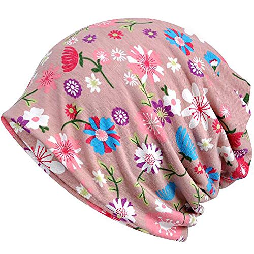 Glamorstar Printed Beanie Chemo Hat Slouchy Cotton Stretch Turban Scarf (One Size, Flowers Pink)