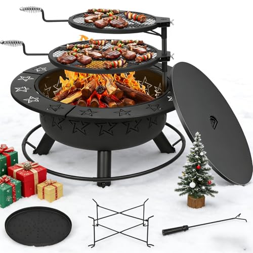 Gbekery 32.5' 3-in-1 Fire Pit Table with Dual Grills – Wood Burning Firepit for Outside Cooking, BBQ Grate & Round Patio Table – Includes Charcoal Pan, Log Rack,Poker & Lid for Backyard, Garden