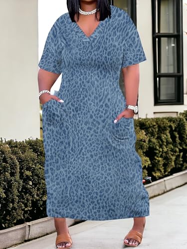 Image of SUZONANA Plus Size Denim Print Maxi Dresses for Women Casual V Neck Short Sleeve with Pockets Soft Jean Look Dress XL-6XL