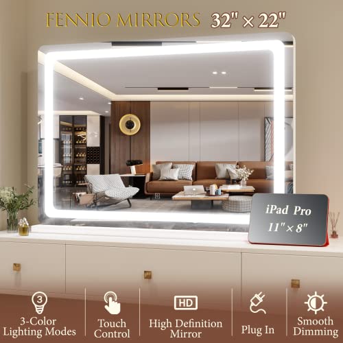 Fennio Vanity Mirror With Lights 32"X22", Led Lighted Makeup Mirror, Large Makeup Mirror With Lights, Touch Sensor With 3-Color Lighting, 10X Magnification, Dimmable, For Vanity Desk Tabletop, Bedroom #TOP5