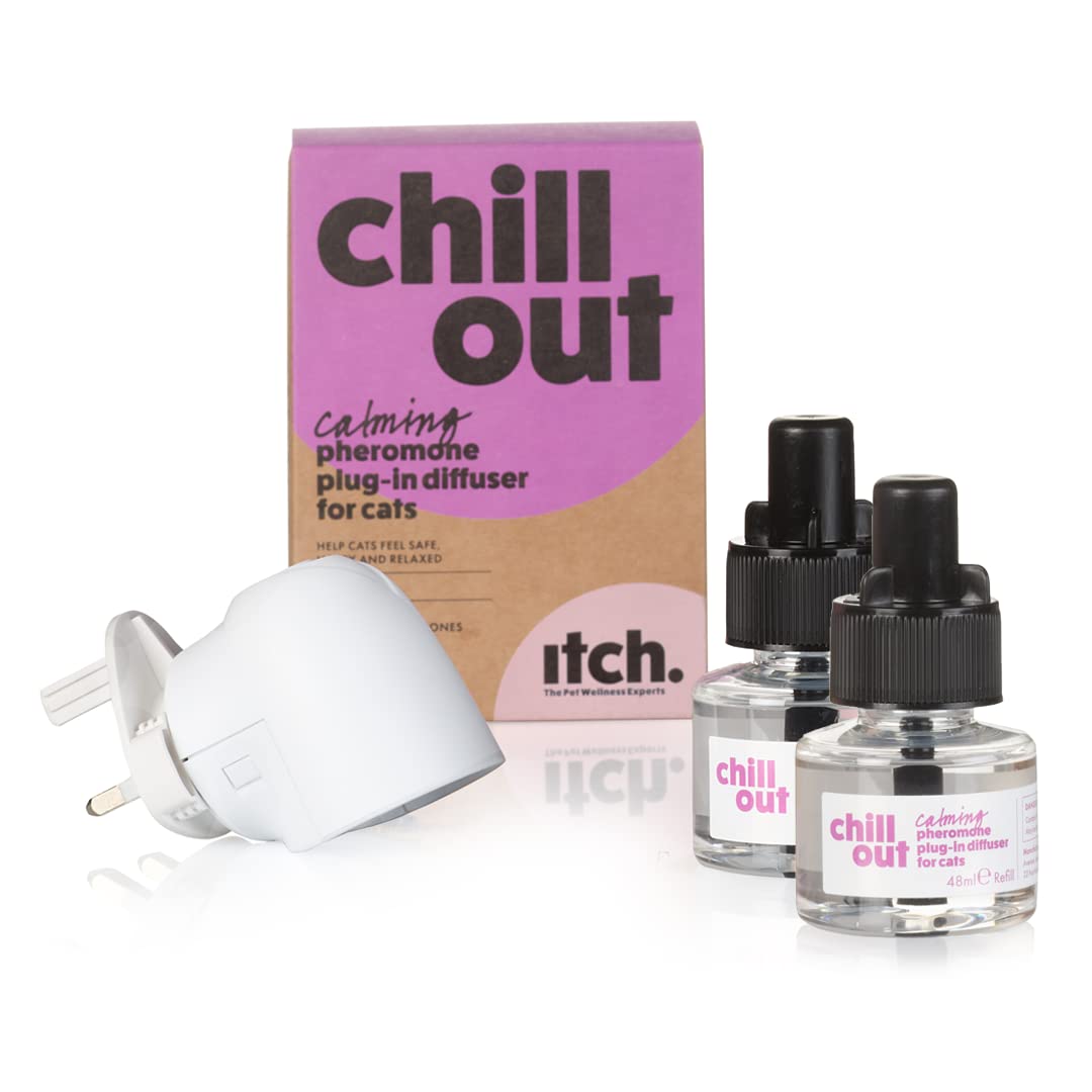 ItchChill Out Starter Kit and Refills | Calming Pheromones Plug in Diffuser and x2 30-Day Refills | Anxiety and Stress Relief for Cats