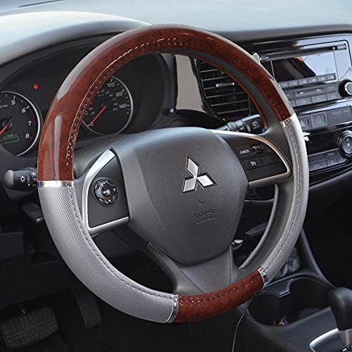 BDK Dark Wood Grain Car Steering Wheel Cover, Standard 15 inch with Gray Faux Leather Grip, Made to Fit Most Auto Truck Van SUV