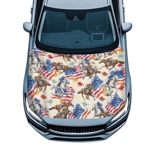Image of Car Hood Cover Protector Stretchable Horse and American Flag Car Hood Wraps Auto Banner Auto Decorative Accessories for Compact Sedans SUV Trucks (59x39 Inch)