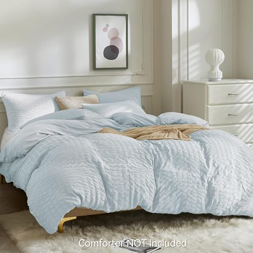 Image of JELLYMONI Seersucker Duvet Cover Set King, 3pcs Baby Blue Polyester | In Spacious Master, Couples & Pets, Crinkled Texture, Oeko-Tex Certified, 8 Corner Ties & Hidden Zipper