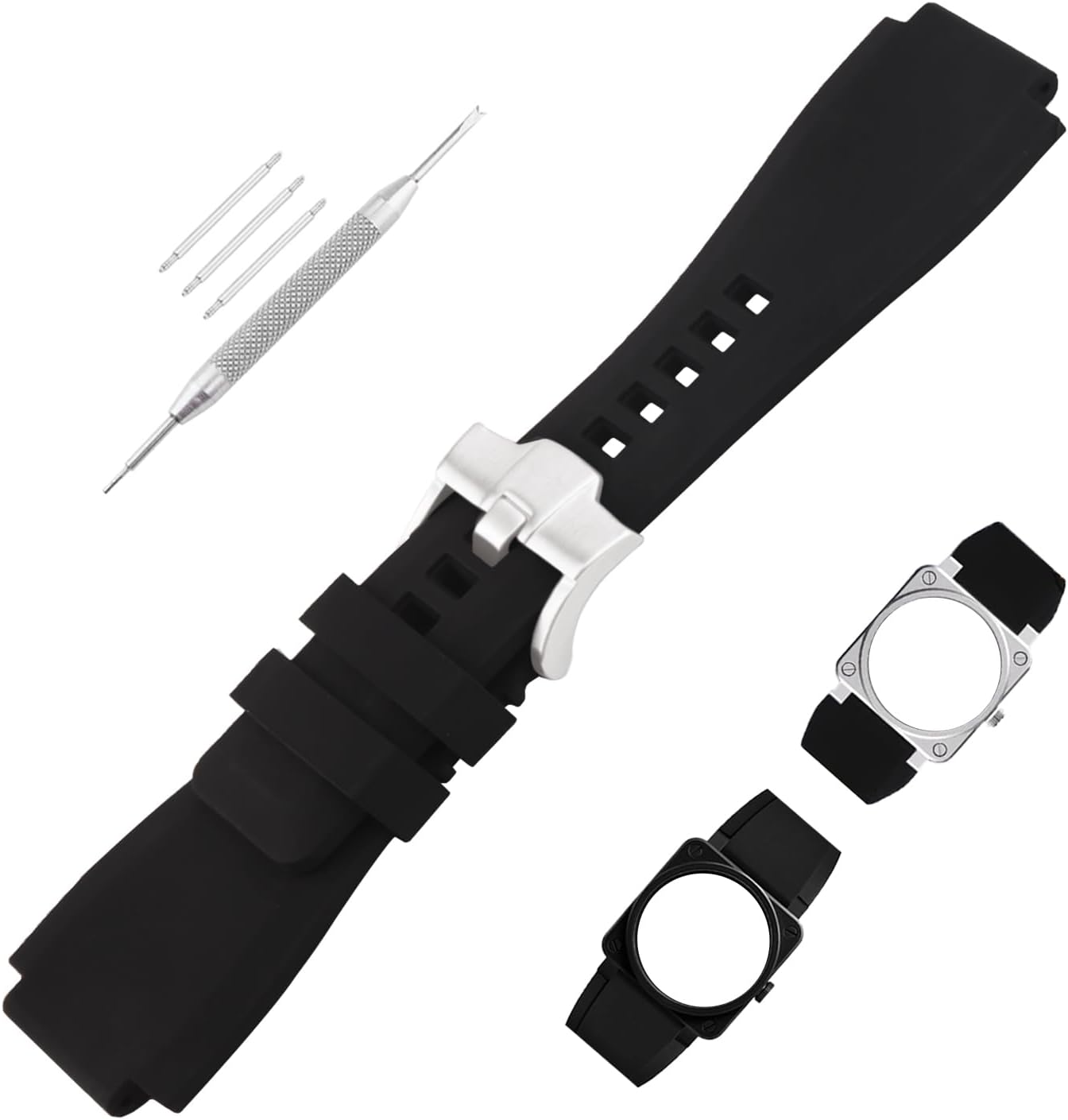 24mm*33mm Rubber Watch Band Compatible for Bell & Ross B&R BR-01 BR01 BR-03 BR03 Diver watch modles Silicone Strap Wirstband accessories replacement for Men and Women
