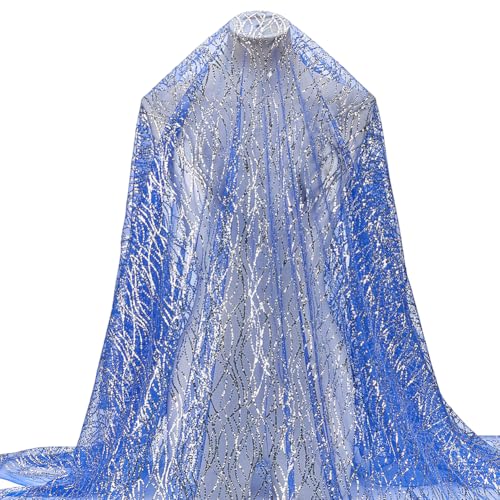 MAYJOYDIY Tela de lentejuelas ondulada azul oscuro, 2 m, 1,6 m de ancho, tul bordado brillante, líneas onduladas, red de costura dorada para vestidos de boda, ropa, vestidos de fiesta, manteles