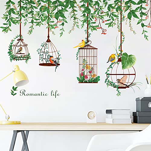 Flower Vine Tree Branch Wall Decals With Birdcage, Colorful Birds Green Plants Wall Stickers, Flowers Flying Bird Diy Art Murals For Bedroom Living Room Kids Rooms Nursery Wall Décor #TOP2