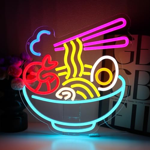 Image of Ramen Neon Sign for Wall Decor, Seafood Noodles Led Signs for Business, USB Dimmable 13.5 inch x 12.6 inch Neon Lights for Japanese Resturant Bar Kitchen Party Ramen Shop Wall Art