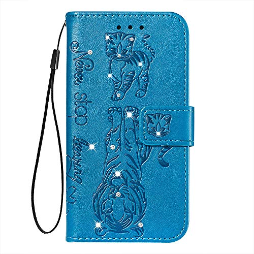 Shukukan Note 10+ Wallet Case with Handle, Cat and Tiger Embossed PU Leather Note 10 Flip Cases with Card Holders Viewing Stand Bling Phone Cover for Samsung Galaxy Note 10+ Blue
