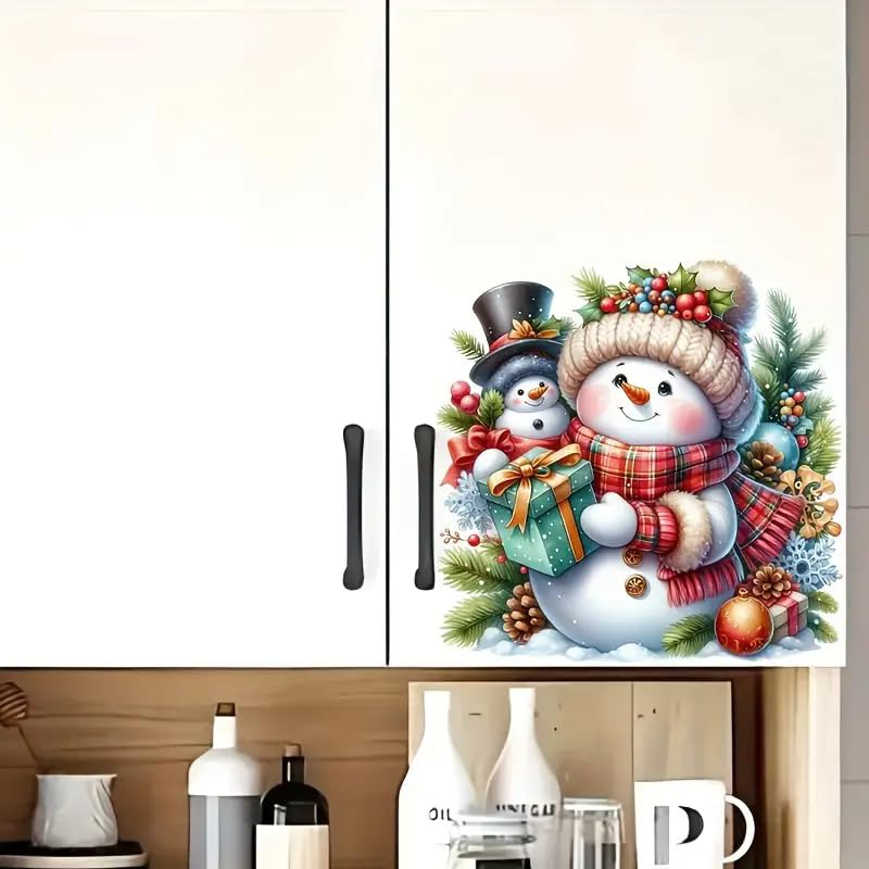 Merry Christmas Snowman Gift Box Toilet Cover Sticker Decals, Christmas Bell Pine Leaf Fish Ocean Waterproof Toilet Lid Tank Seat Decals Cistern Self-Adhesive Bathroom Wall Sticker