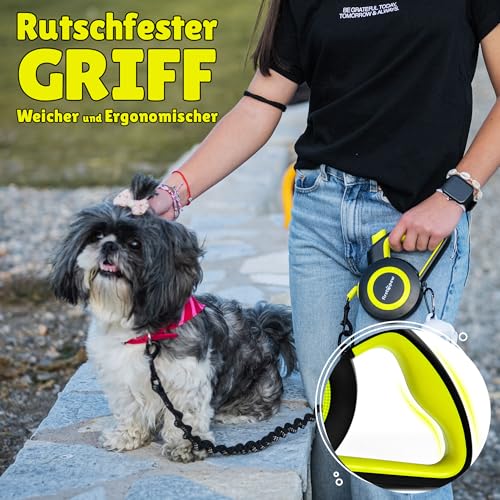 FirstPaw Rollleine Für Hunde bis 20 kg - Ausziehbar Hundeleine 5m, Reflektierendes Band, ergonomisches Design, bissfeste Materialien, leichtes Bremssystem, Zubehörring für Kotbeutel oder Taschenlampe