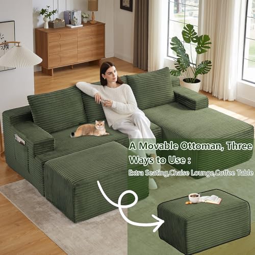 Image of 96.1 inch Modular Sectional Sofa with Ottoman, Modern Corduroy Cloud Couch, Boneless Couch Upholstered 3-Seater U-Shaped Sofa for Living Room, No Assembly (Green, Right-Facing Chaise)