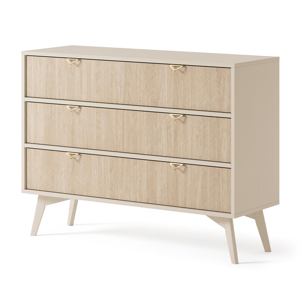 Lomadox Wohnmöbel Set Wohnwand beige, Front mit Fischgrätenmuster, 3-teilig, 1 Lowboard, 1 Regal, 1 Kommode