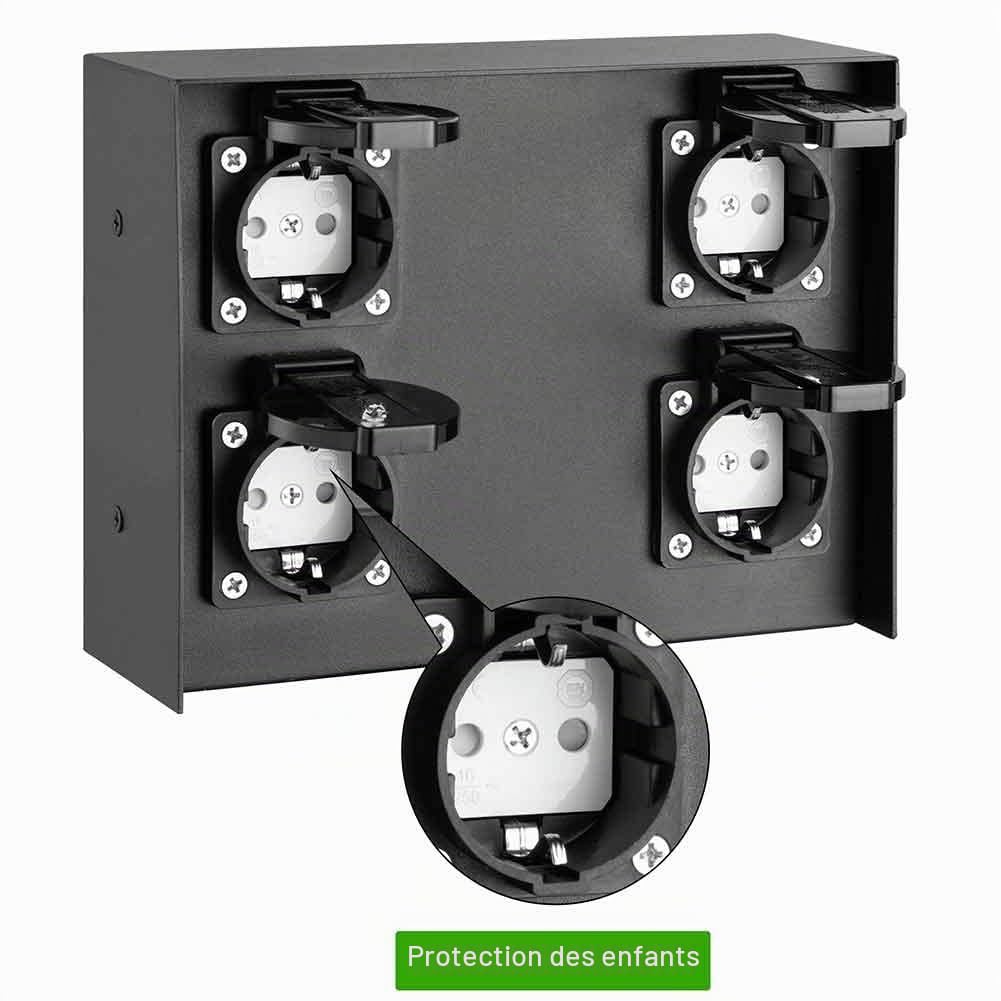 Bakaji Multiprise pour extérieur au sol et au mur, colonne prise électrique jardin, mât colonne 4 prises Shucko étanches IP44 avec porte structure en acier, couleur noir 20 x 7 x 16 cm