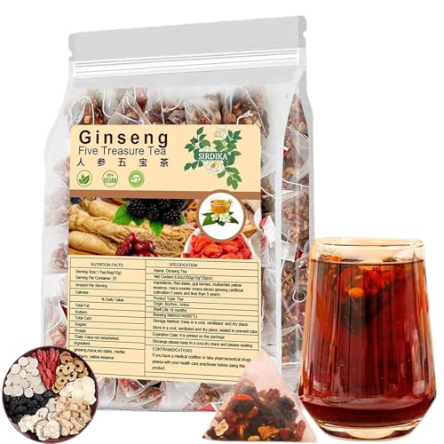 Ginseng Five Treasure Tea​ - ​Traditional Chinese Herbal Tea Bags, ​Natural Blend​ with Mulberry & Goji Berry, Caffeine-Free ​Herbal Tea​ for Daily Relaxation (25 Bags)