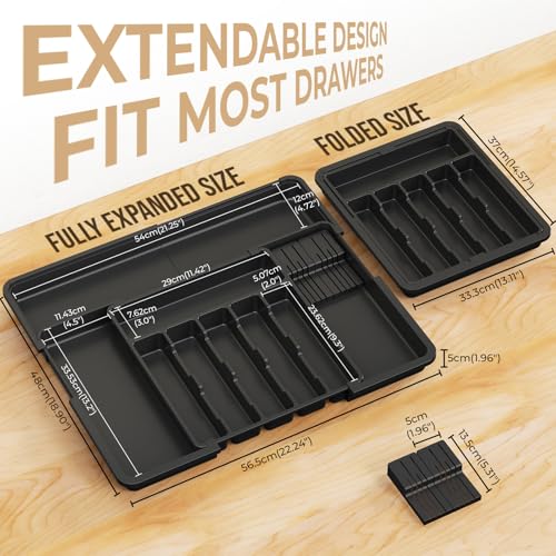 Image of Euqunn Cutlery Drawer Organiser, Expandable Large Utensil Holder with 2 Removable Knife Blocks, 6-9 Slots Adjustable Cutlery Tray for Kitchen Drawer, Compact Plastic Storage for Forks Knives(Black)