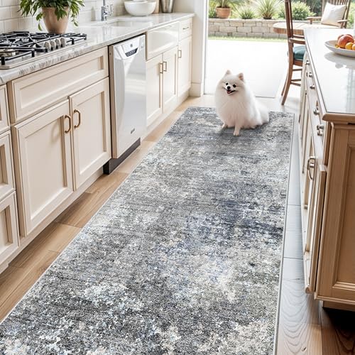 4x10ft Extra Wide Hallway Rug – Non-Slip Washable Large Carpet Runner for Kitchen, Indoor Entryway, Modern Abstract Low-Pile Thin Floor Mat for Bedroom, Living Room, Dining Room (Blue Grey,4x10)