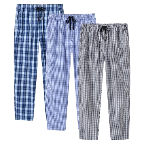 MoFiz Mens Cotton Pajama Pants Lightweight Lounge Sleep Plaid Bottoms with Pockets Drawstring
