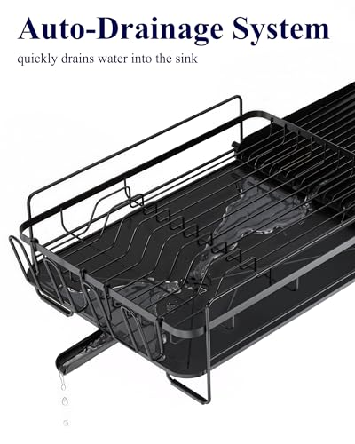 Image of Kitsure Extendable Dish Drying Rack, 19.2 inch-26.7 inch L x 12.9 inch W, Black | Large Dish Rack, Multifunctional Dish Rack for Kitchen Counter, Anti-Rust Dish Drainers with Cutlery & Cup Holders