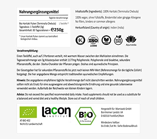 Haritaki BIO Pulver | Premium Qualität - Haritaki Club | Laborgeprüft und EU Bio zertifiziert | Vegan, Kosher, Halal zu 100% natürlich | Kadukkai, Terminalia Chebula | 250g Ayurveda reines Bio Pulver