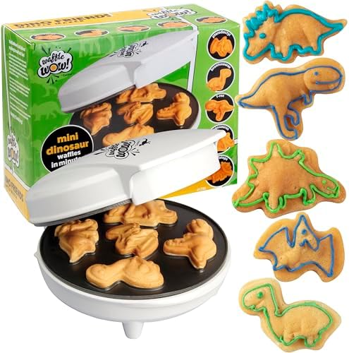 Dinosaur Mini Waffle Maker - 5 Different 3D Shaped Dinos in Minutes- Summer Breakfast Fun for Kids Adults w Cool Novelty Pancakes, Electric Baker, NonStick Waffler Iron with Recipe Guide, Gift for Him
