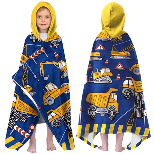 Image of Engineering Vehicle Boys Beach Towel with Hoodie for Kids Toddlers Age 4-8,Car Blue Bath Towels Shower Wrap for Boys, Hooded Poncho Beach Blanket for Pool Swimming Cute Wearable Bath Towel for Child