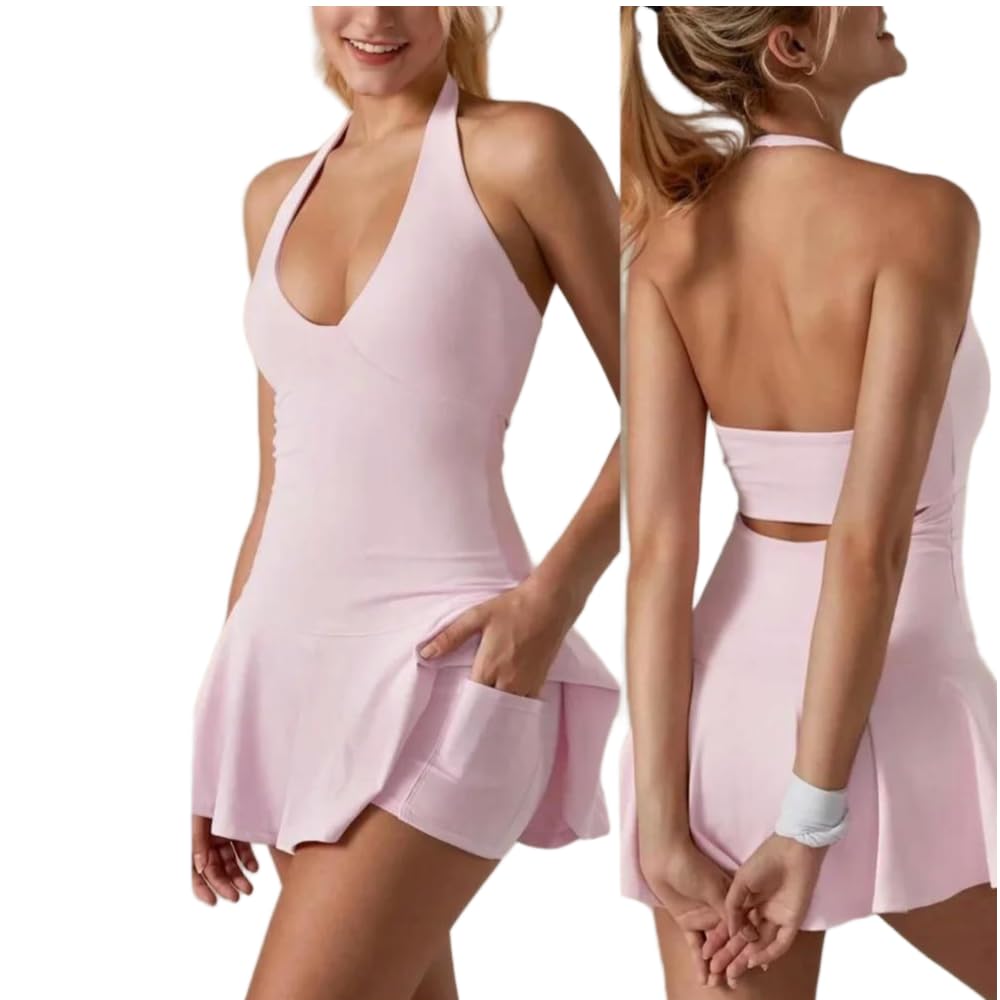 JJDFW Wyściełana Halter Neck Tank Top Tenis Mini Spódnica Przeciwekspozycyjna Na Zewnątrz Badminton Sport Joga Pół Spódnica Krótka Spódnica Kobiety
