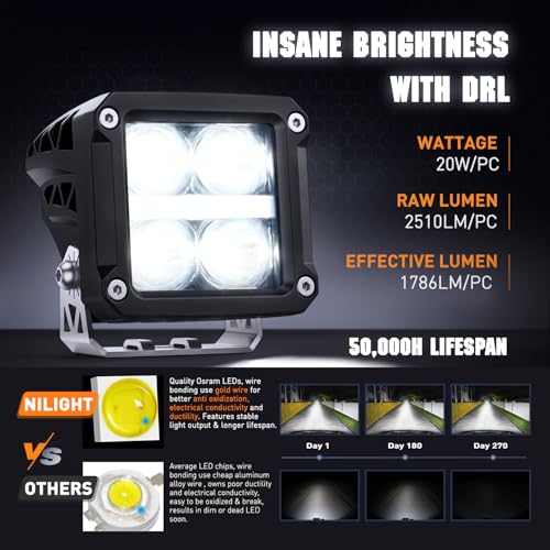 Image of Nilight LED Pod Lights with Amber DRL 3.2 Inch Square 20W 2510LM Super Spot Beam w / 16AWG Wiring Harness Kit Auxiliary Offroad Driving Ditch Light for Truck UTV ATV SUV 4x4