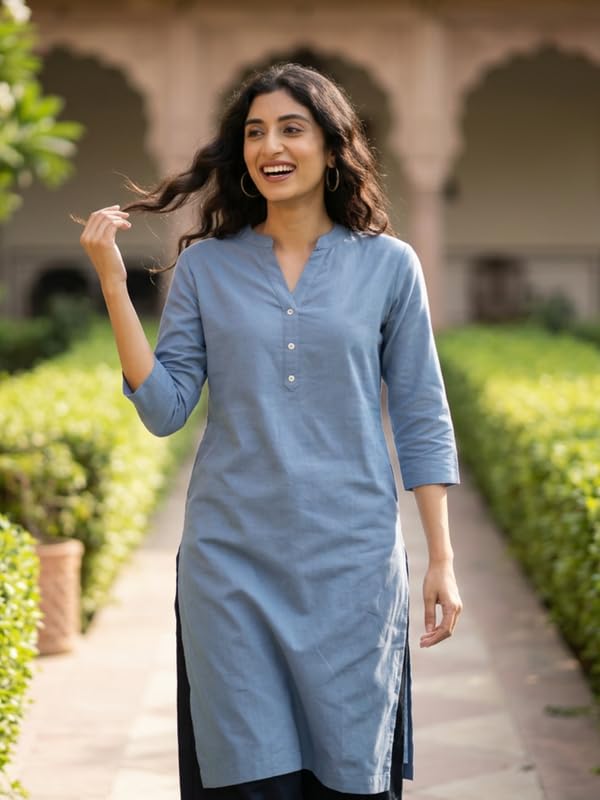 Image of SAADAA Women Airy Linen Long Kurta | Mandarin Collar 3 /4th Sleeve Kurta | Regular Fit Ethnic Wear for Women | Casual, Festive & Office Wear