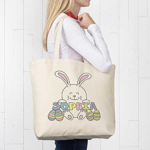 Miniatura 3 de Personalization Universe Bolsas de lona personalizadas de conejo de Pascua, para la primera Pascua o búsqueda de huevos, bordadas con cualquier