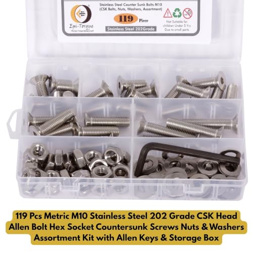 Image of Metric M10 Stainless Steel 202 Grade CSK Head Allen Bolt Hex Socket Countersunk Screws Nuts & Washers Assortment Kit with Allen Keys & Storage Box - 119 Pieces