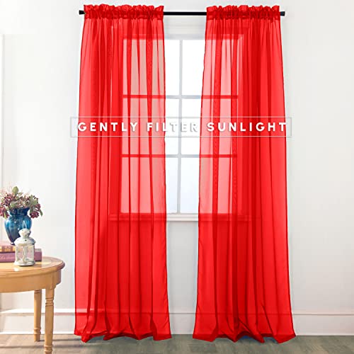 Elegant Comfort 2-Piece Sheer Panel with 2inch Rod Pocket - Window Curtains 60-inch Width X 84-inch Length - Red - Image 2