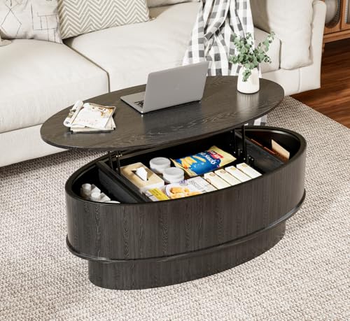 Oval Lift Top Coffee Table with Hidden Storage, 41 Inch Small Coffee Table with Lifting Top for Living Room, Wooden Mid Century Modern Center Table for Home Office (Black)