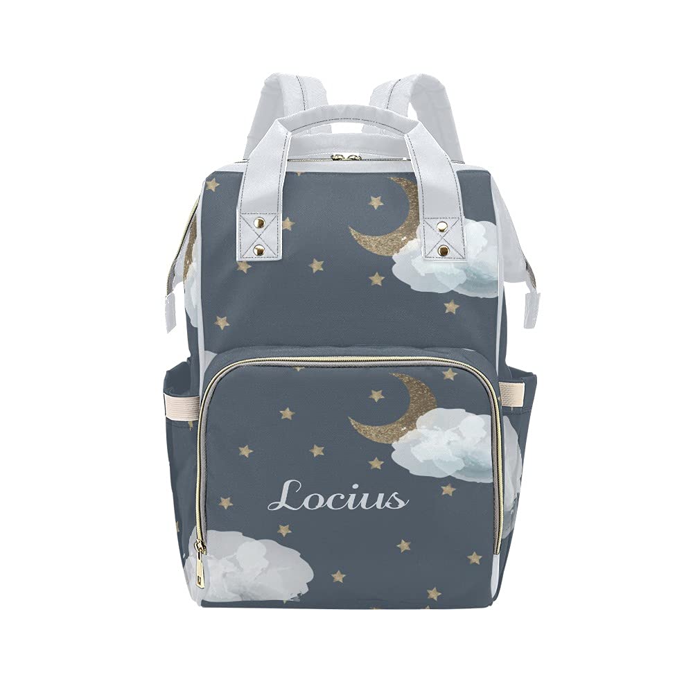 Yeshop Moon Stars Clouds Navy Personalized Diaper Bag Backpack Tote with Name,Custom Travel Nappy Mommy Bag Backpack for Baby Girl Boy Gift, 10.83 * 6.69* 15