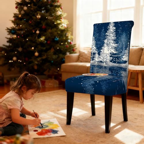 Image of Nuxovilar 4PCS Winter Pine Tree Starry Night Stretch Chair Covers | Holiday Slipcover Nature Protector Pine Wrap Seat Guard Dining Room Family Dinner Gathering (Starry Pine)