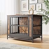 VECOCHO Hundekäfig-Möbel, robuster Hundekäfig für große/mittelgroße Hunde, Holz-Hundehütte für den Innenbereich, Hundehütte mit herausnehmbarem Tablett, Doppeltüren, Beistelltisch, kaufest, rustikales