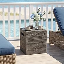 SUNBURY Outdoor Side Table, Faux Wooden Concrete Side Table, Square Lightweight End Table, Patio Accent Stump Stool Decorative for Planter Stand, Deck or Garden, Antique Black