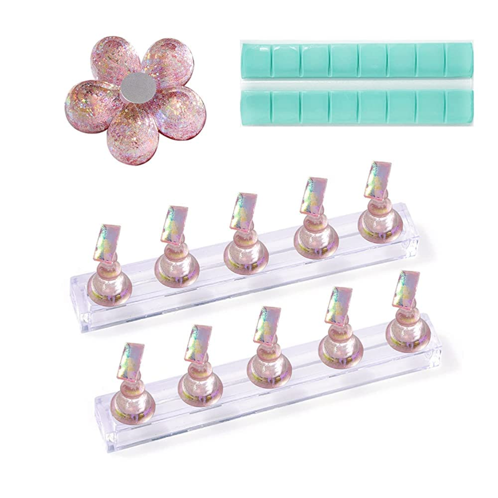 10 pièces de support d'art d'ongle magnétique rose, support de peinture d'ongle, présentoir d'art d'ongle, outil de pratique de faux ongles, avec 3 bases, 16 morceaux d'adhésif