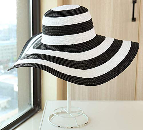 Women's Beachwear Sun Hat Black and White Striped Straw Hat Floppy Beach Hat Foldable Wide Brim Cap - Image 2