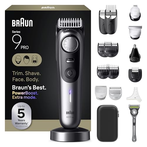Braun All-in-One Series 9 PRO Mens Electric Beard Trimmer Hair Clipper Shaver & Razor for Face Hair & Body AIO 9570 with Gillette Labs Razor Cordless