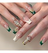 24Pcs French Tip Press on Nails Medium Almond Fake Nails with Gold Heart Flower Rhinestones Desig...
