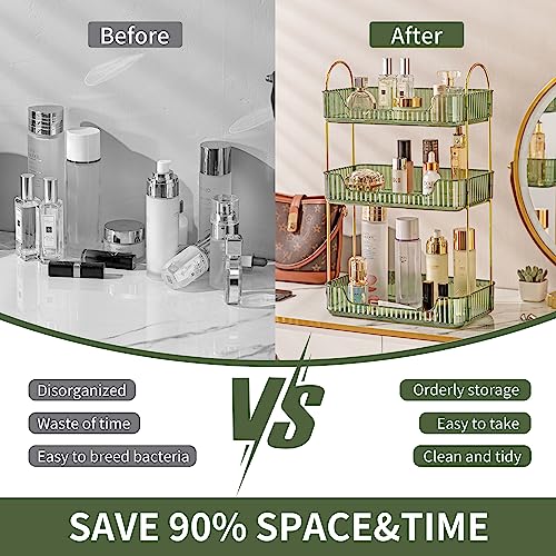 Image of Akinbas 3 Tier Bathroom Organizer Countertop Makeup Perfume Tray Skincare Organizer for Bathroom Dresser Vanity (Green)