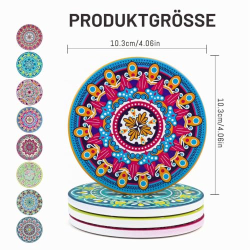 Mandala Untersetzer 8er Set, Keramik Runde Getränkeuntersetzer mit Halter Saugfähige Getränkeuntersetzer Set mit rutschfestem Korkboden &… – Ansicht 2