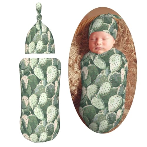 Image of Watercolor Cactus Newborn Swaddle Blankets Hat Sets Soft Baby Receiving Blanket Swaddle Sack for Baby Shower Infant Boy Girl Gift