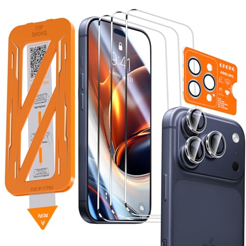 QHOHQ 3 Piezas Protector Pantalla para iPhone 17 Pro + 1 Juego Protector Camara, Top 9H+ Cristal Templado, [12 pies Protección Militar Anti-Impactos], Auto-Instalación 1s, Funda Compatible