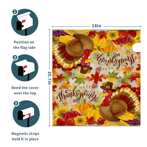 Image of Happy Thanksgiving Day Mailbox Cover Magnetic Standard Size 21 x 18 Thanksgiving Turkey Mailbox Cover Fall Harvest Post Letter Box Wrap Decor for Farmhouse Garden Yard Outdoor Decoration