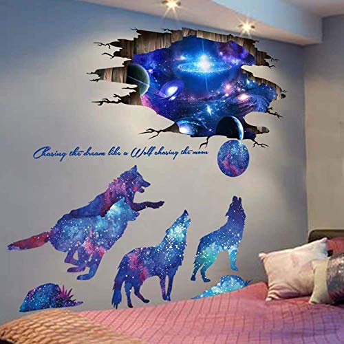 Amaonm 3D Blue Starry Sky Wolf Moon Wall Decals Removable Pvc Magic 3D Milky Way Outer Space Planet Wall Sticker Peel Stick Home Decor For Kids Baby Bedroom Boys Girls Nursery Room Ceiling Living Room #TOP3